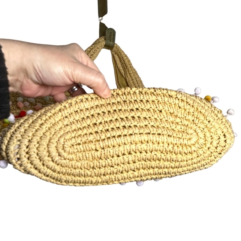 Bay Sky Rainbow Pom‎ Pom Straw Tote Beach Bag Boho Summer Woven Handbag - Picture 5 of 12